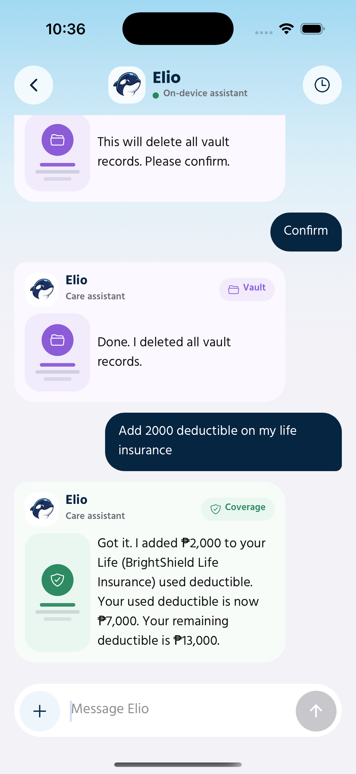 ElioAI assistant completing health and insurance actions